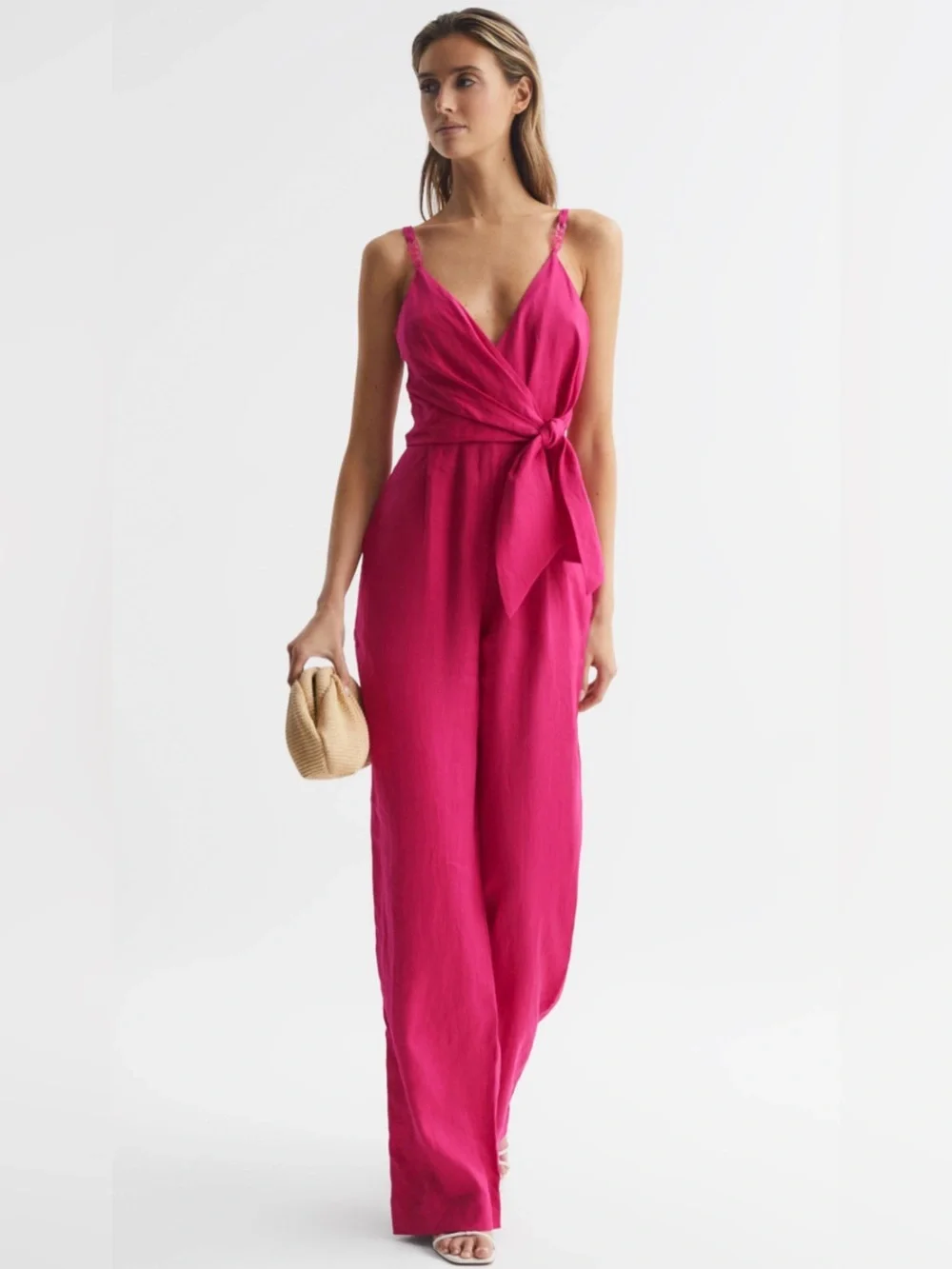 glam Fuchsia Sleeveless Wrap Waist Wide-Leg Jumpsuit